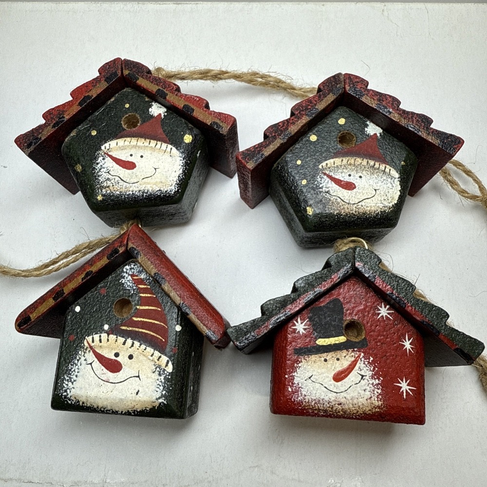 Wooden Christmas‎ ornament birdhouse Pack Of (4) Hand Crafted Snow Man.